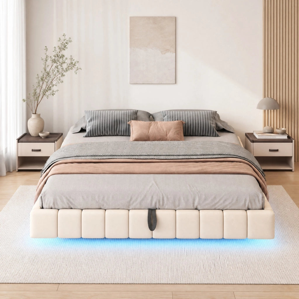 Letto imbottito sospeso 180x200 cm beige con LED e contenitore idraulico