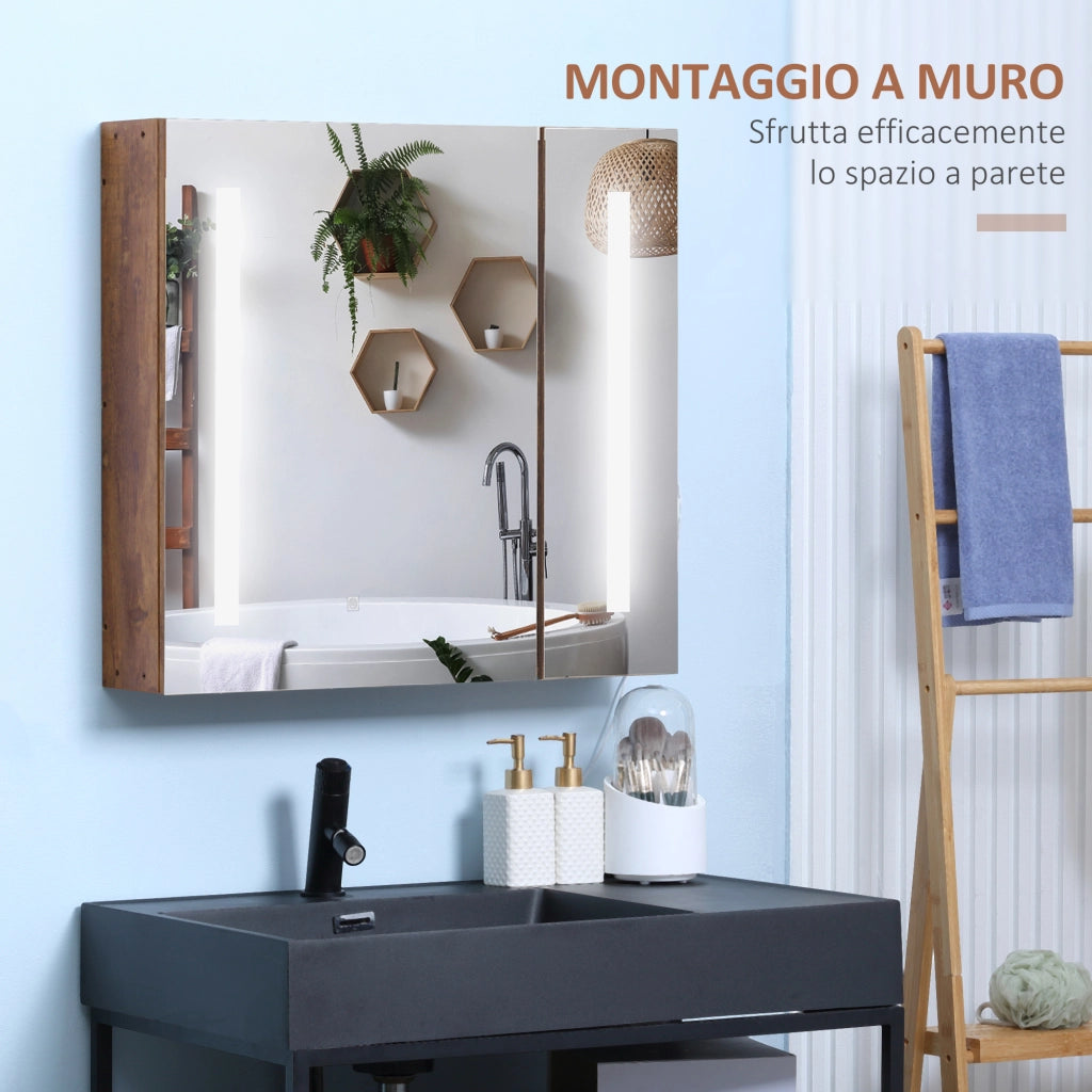 Specchiera Bagno con Luci LED e 2 Ante ¨C zephmum ¨C Marrone 70x15x65cm