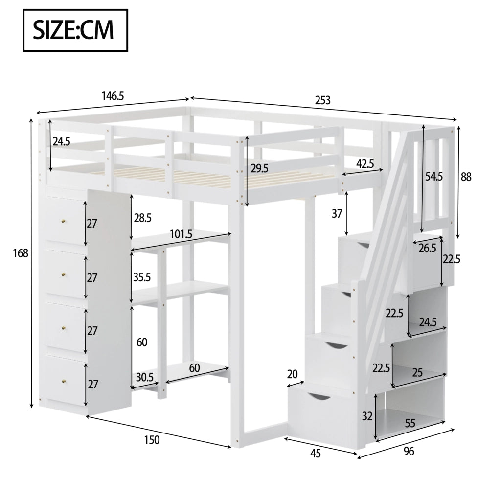 DESMIU Letto a soppalco matrimoniale con 4 cassetti, scaffali e scala contenitore 140 × 200 cm, senza materasso