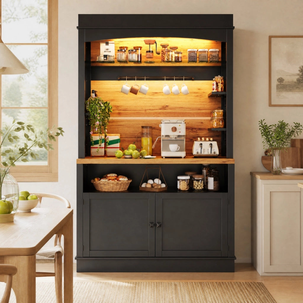 Dispensa alta con LED e vani aperti con due ante per cucina e soggiorno in MDF e metallo nero 107 × 43 × 184 cm