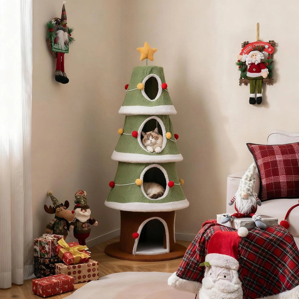 Albero di Natale per Gatti 154 cm, Tiragraffi per Gatti a 4 Livelli con Cuccia Grotta in Peluche con Palline, Piattaforma e Palla, Torre per Gatto con Rifugio, Forma di Albero di Natale