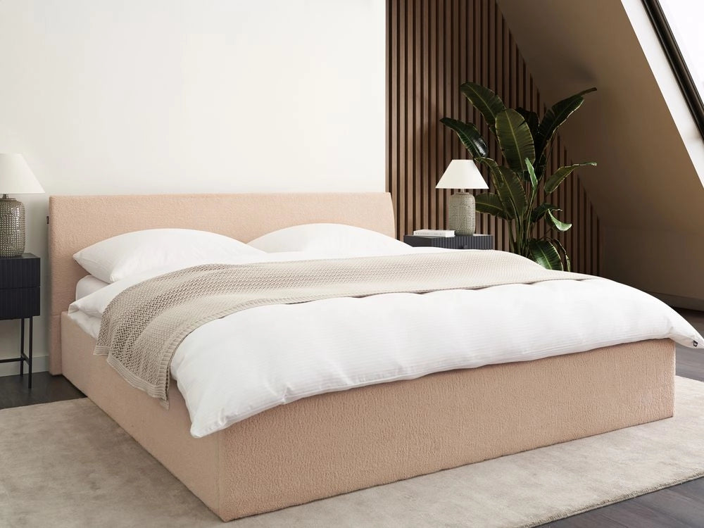 Letto imbottito in bouclé beige 180 x 200 cm con contenitore per testiera rialzata