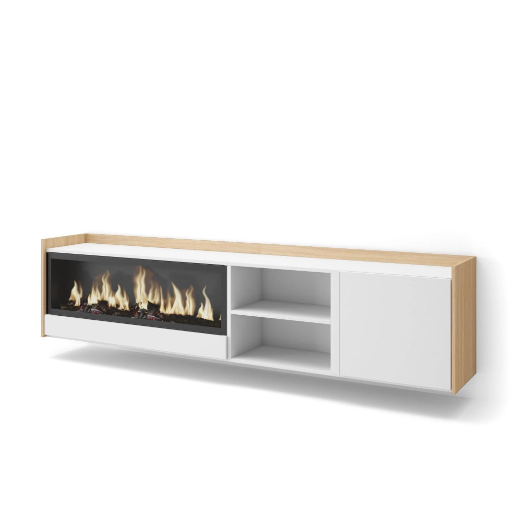 Mobile TV Soggiorno, 212x50x35 cm, Per TV fino a 80", Camino elettrico XXL, Sospeso, da appendere, Bianco e Rovere soft