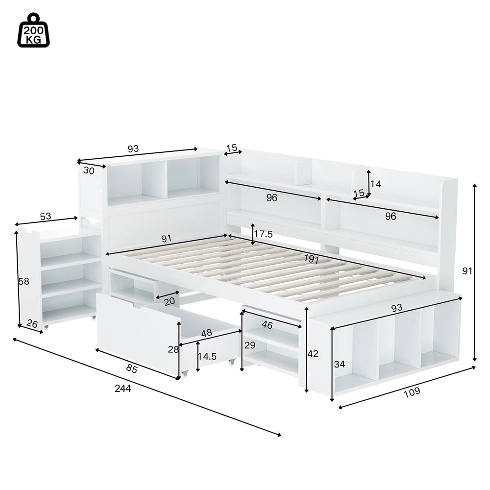 Letto singolo per bambini 90x190cm - Xylo - Bianco multifunzionale con cassetti e scaffali