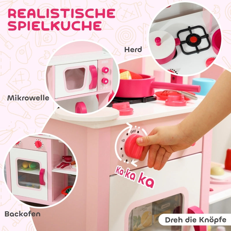 Cucina giocattolo per bambini, accessori in legno, elettrodomestici, compatta, con suoni, rosa