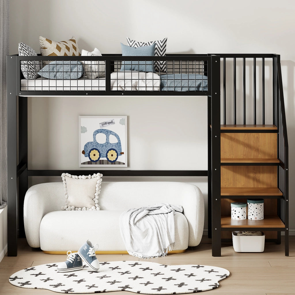 OKWISH Letto a Soppalco 90×200 cm, Letto Singolo con Scala, Mensole e Armadio, senza Materasso, in Metallo, Nero