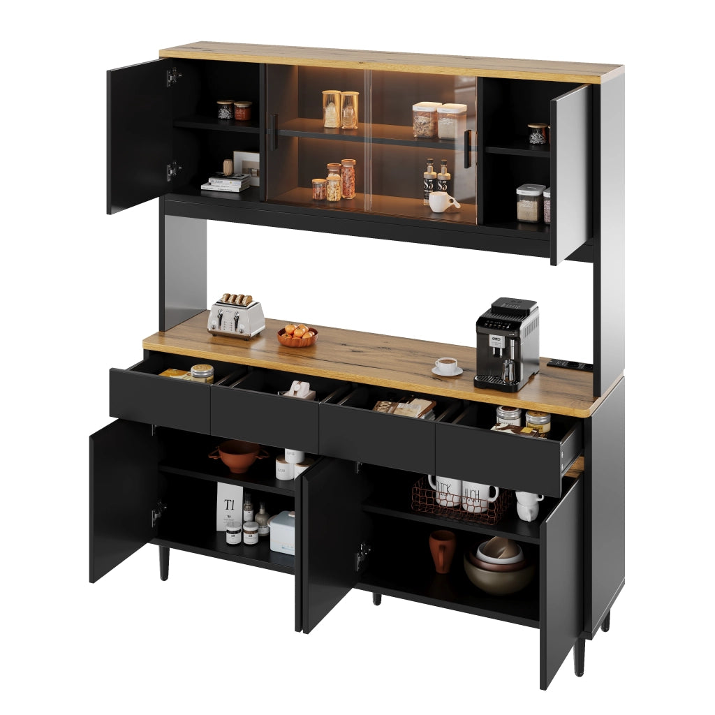 Credenza e madia con LED app, porte in vetro e prese USB, per soggiorno e cucina, in truciolare, nero, 160 × 40 × 185 cm