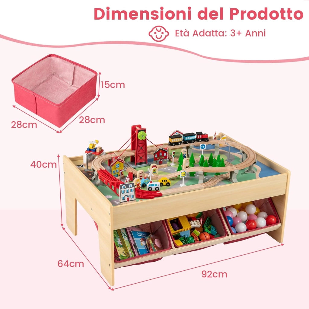 Tavolo con Set di Treni per Bambini 3+ Anni, Tavolo da Gioco Multifunzionale in Legno con 2 Superfici Reversibili, 3 Cassetti in Tessuto e Accessori per Binari, Scrivania da Gioco