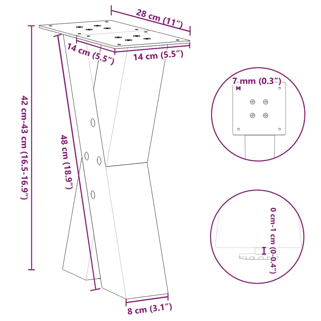 Set di 2 gambe per tavolino da caffè a forma di X 28 x 42-43 cm con piedini regolabili design moderno acciaio nero 02_0057220