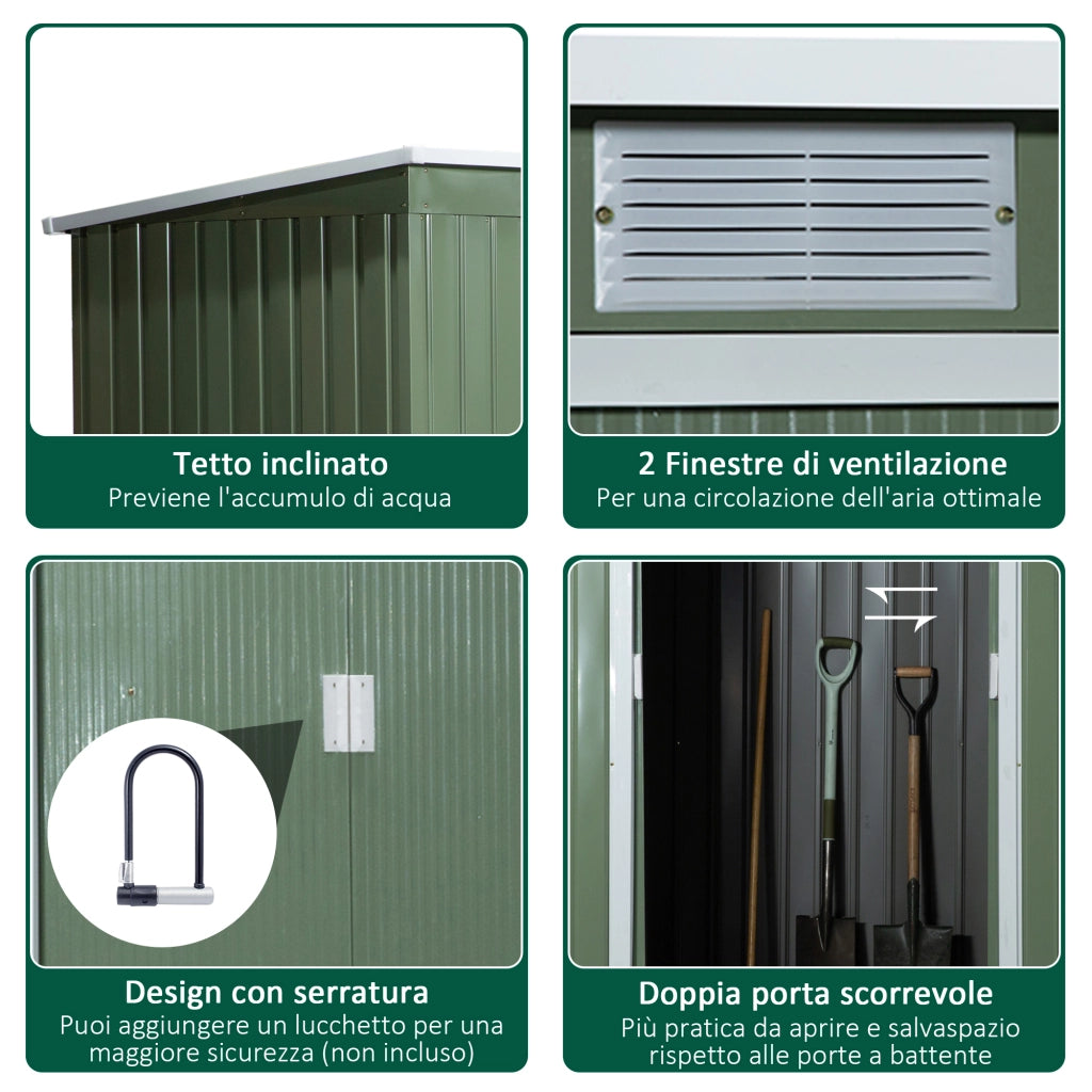 EasyComfort Casetta da Giardino Porta Utensili in Lamiera di Acciaio con Fondazione, Capanno da Giardino in Acciaio con Porte Scorrevoli, 280x130x172cm, Verde Chiaro