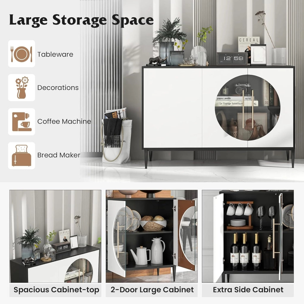 Mobile Buffet, Tavolo Credenza da Cucina con 2 Ripiani Regolabili, 3 Ante e Gambe in Metallo Sollevate, Mobile Bar da 120 cm per Soggiorno, Cucina, Sala da Pranzo, Ingresso, Bianco e Nero