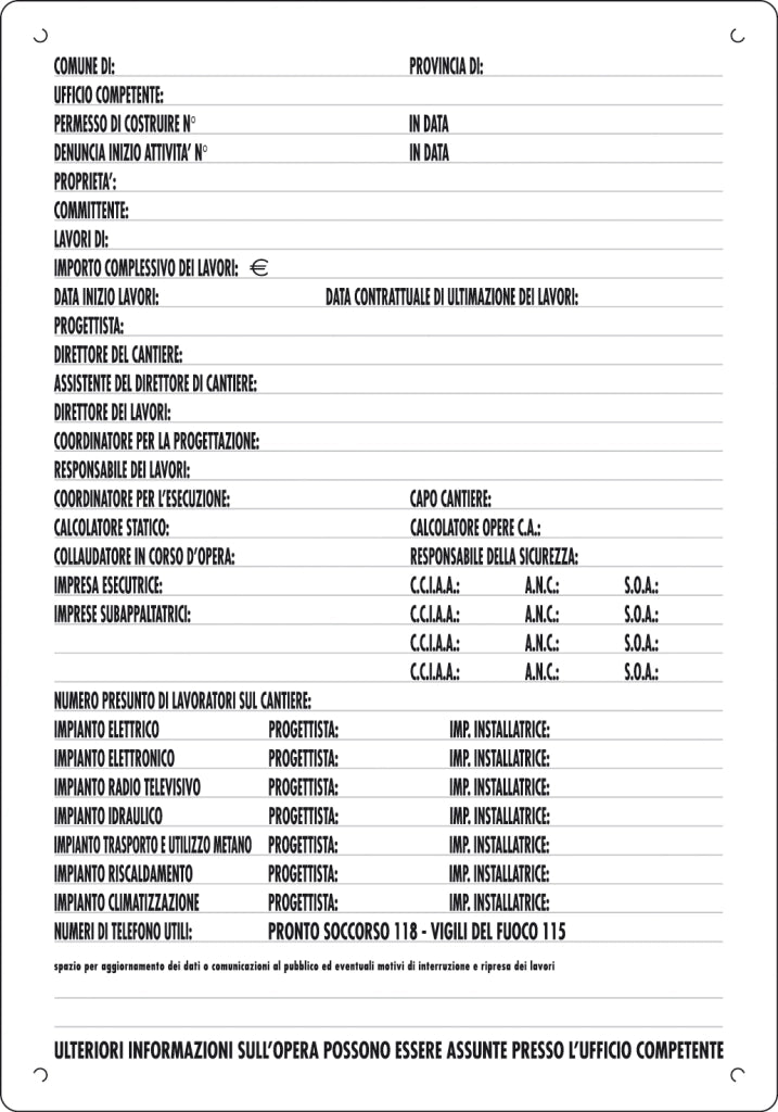 CARTELLO DIREZIONE LAVORI 60X40 CM- 10,0 pz