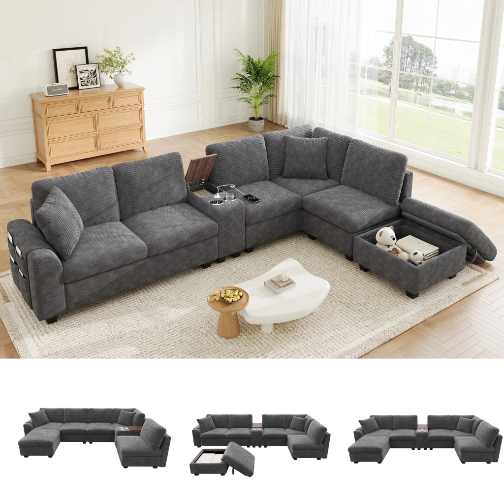 Divano angolare modulare 6 posti con ottomana contenitore console mobile e porte USB in corduroy grigio