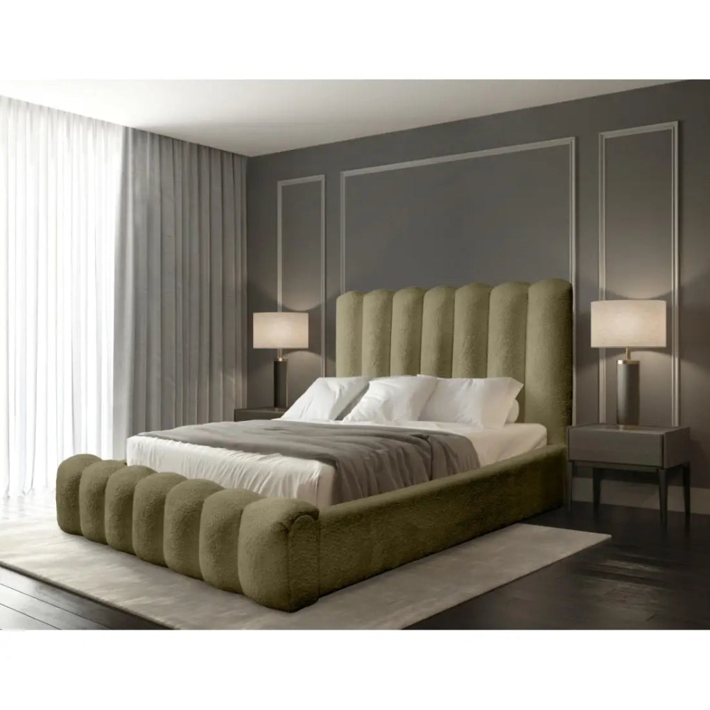 Letto contenitore BADJA – Tessuto bouclé Salvia essiccata – 160x200 cm – Rete sollevabile – Design di alta gamma