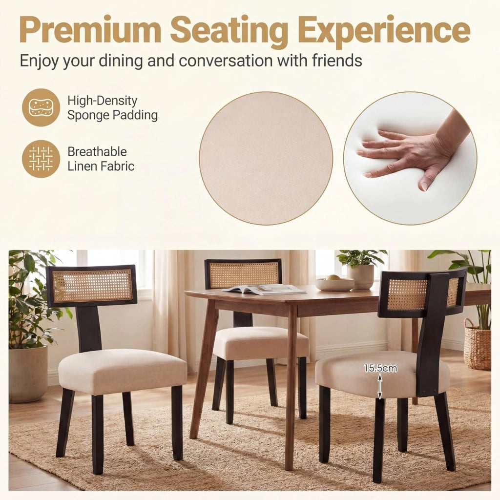 Sedia da Pranzo Imbottita, Sedia da Cucina con Sedile in Tessuto Lino e Schienale Curvo in Rattan, Portata 180 kg, Sgabello Moderno per Soggiorno e Sala da Pranzo, 56x55,5x92,5 cm (Nero)