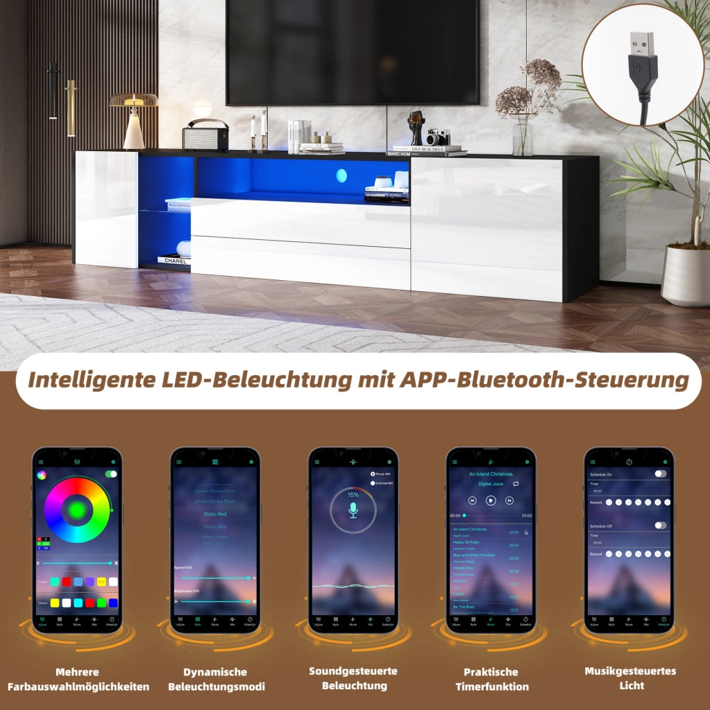 Mobile TV 180 x 40 x 45 cm con LED, 2 cassetti e 2 vani, bianco e nero