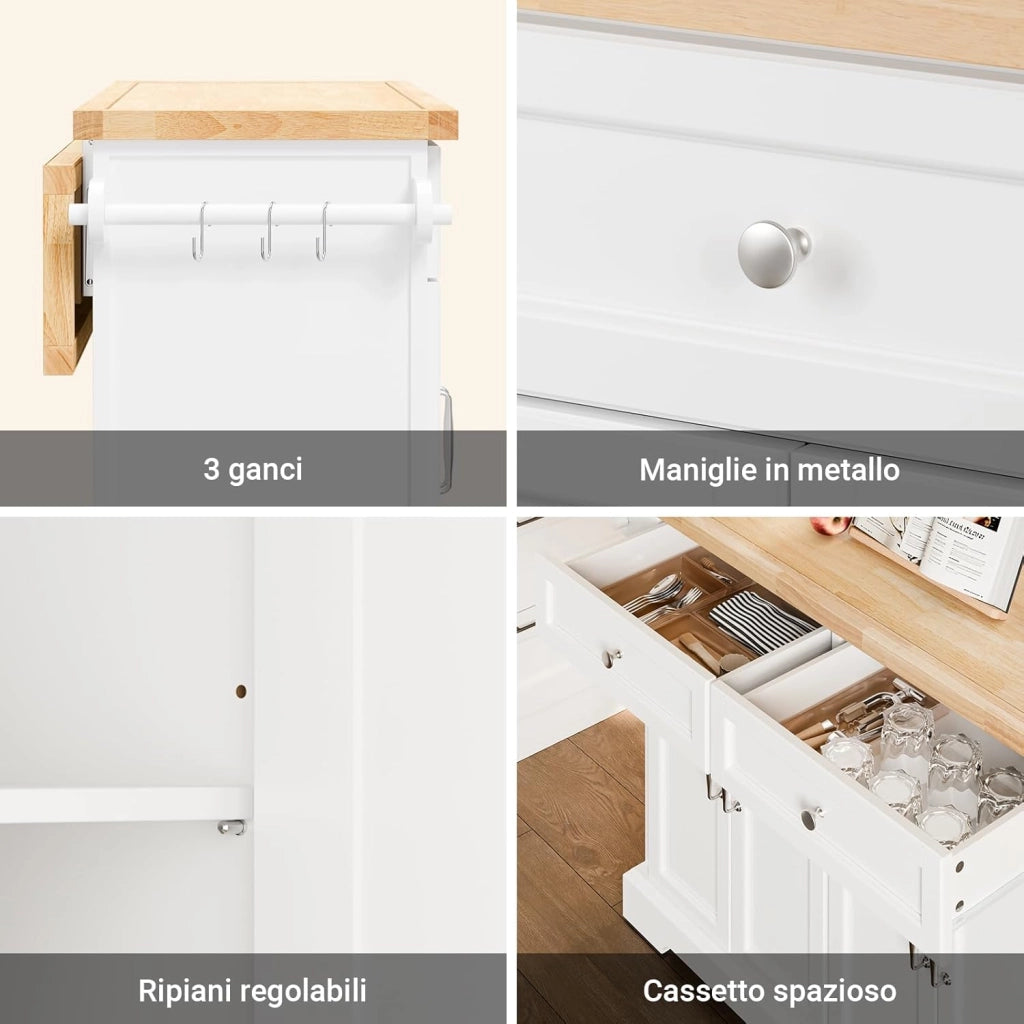 isola cucina con ruote carrello da cucina con piano di lavoro pieghevole mobile cucina con ruote penisola cucina piano lavoro Bianco 115x92x(46-71) cm FKW71-III-WN