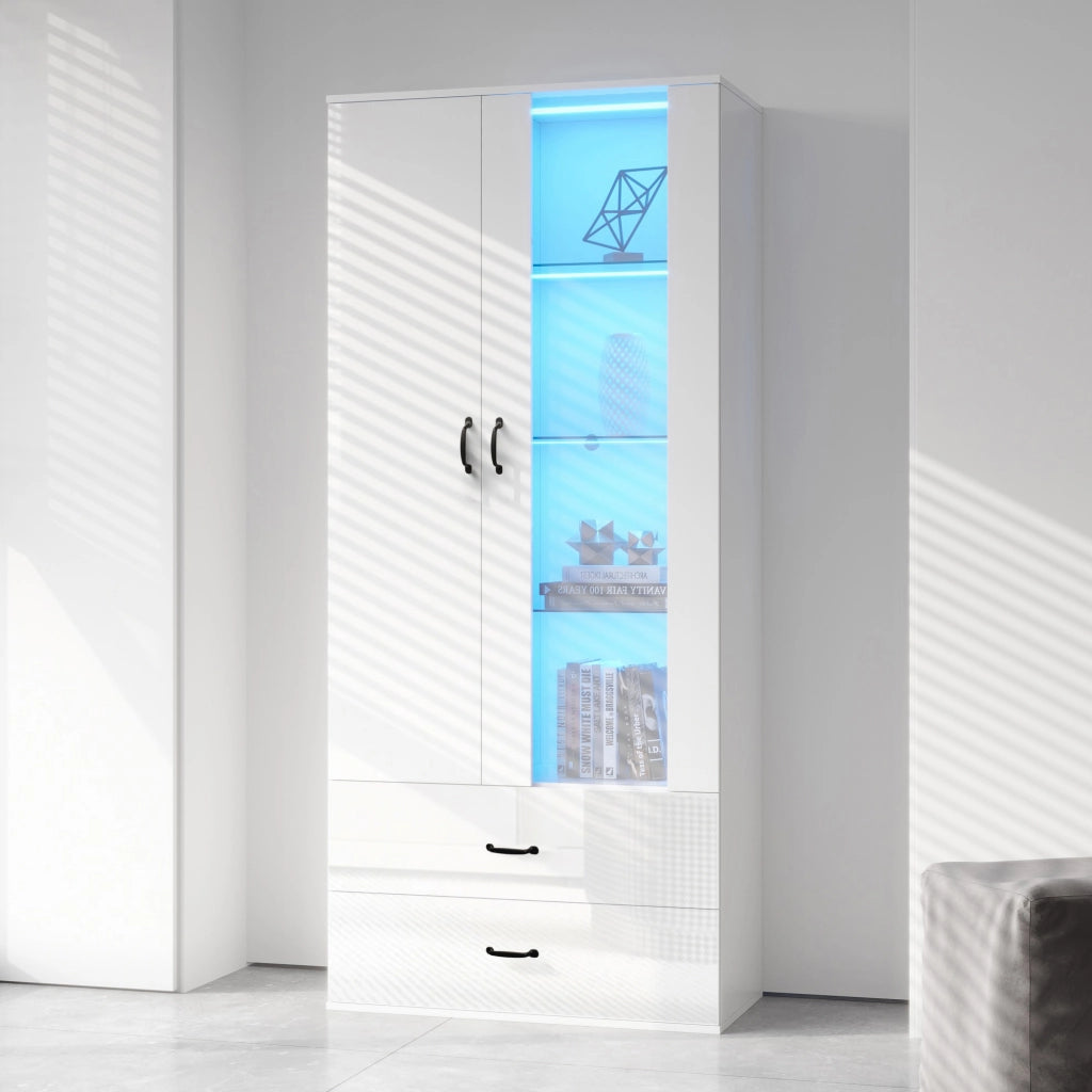 Vetrina con LED e 2 ante, 5 vani e ripiani in vetro, per soggiorno, in legno truciolare, bianca, 59,5 × 35 × 182 cm