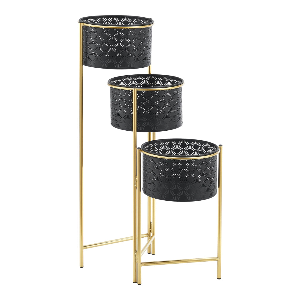 Porta Vasi da Interno Portapiante Supporto per Piante con 3 Coprivasi Struttura a 3 Livelli Pieghevole in Color Ottone con 3 Portavasi di Forma Cilindrica in Color Nero [en.casa]
