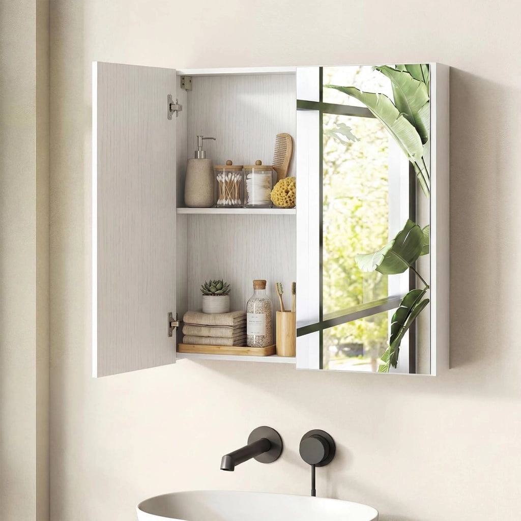 Armadietto da Bagno con Specchio a 2 Ante, Mobiletto da Parete Pensile Salvaspazio in Legno, Mobile Bagno Sospeso per Camera da Letto, Ingresso e Soggiorno, 62 x 11 x 65 cm (Bianco)