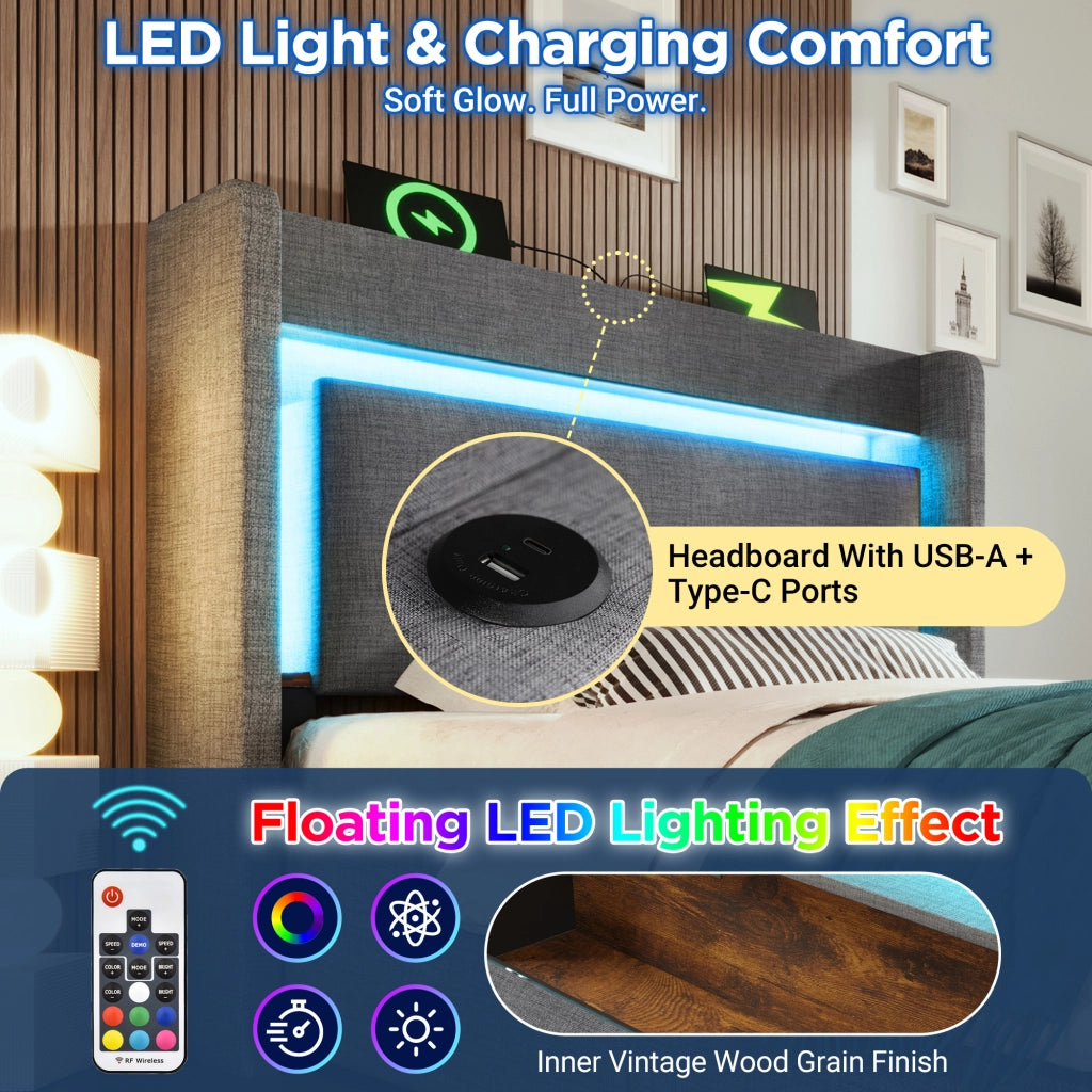 OKWISH Letto Contenitore 90×200 cm, Letto Singolo con LED Regolabile, USB, Tipo C e Cassetto, senza Materasso, in Lino, Grigio