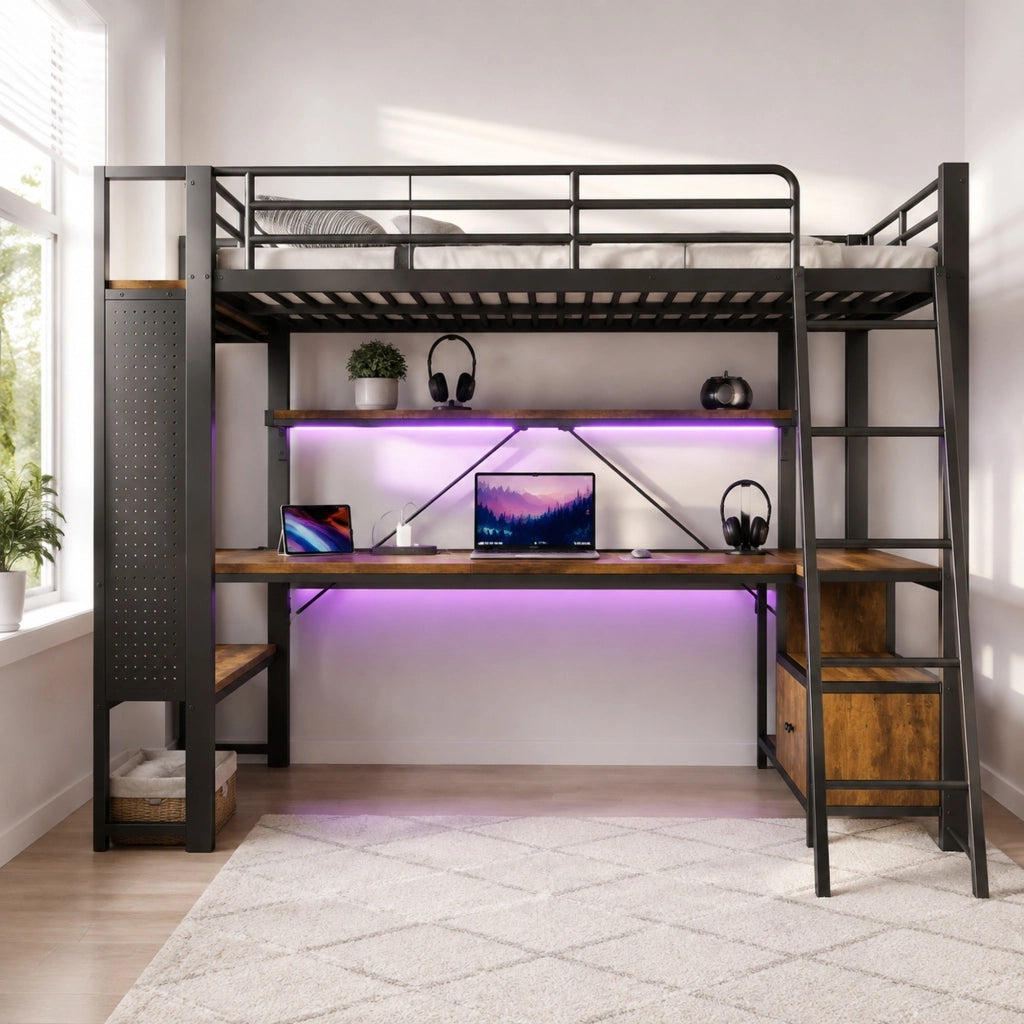 Letto a soppalco 90 × 200 cm con scrivania LED USB vani e ripiani in metallo e MDF nero