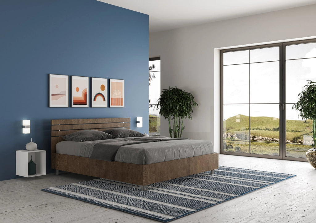 Letto Matrimoniale 160x190 cm con Rete e Contenitore Alzata Comoda Testata Dritta a Doghe Ankel Noce