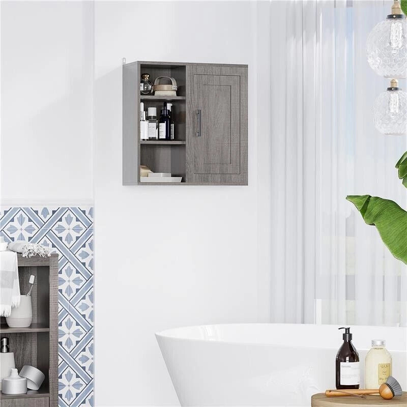 PENSILE BAGNO CON 3 RIPIANI APERTI E ARMADIETTO IN LEGNO TRUCIOLARE, 48X20X50CM, GRIGIO