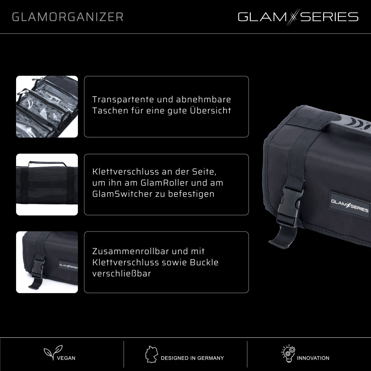 GlamSeries GlamOrganizer Organizer trucco 230 x 120 x 180 mm arrotolabile, beauty case con 4 astucci trasparenti