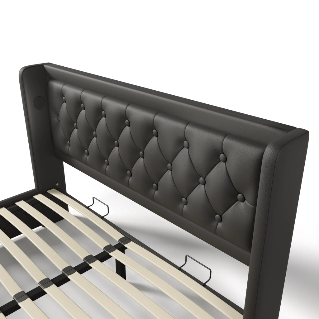 Letti contenitori 140x200 cm; contenitore con LED e USB; PU; nero (Senza materasso)