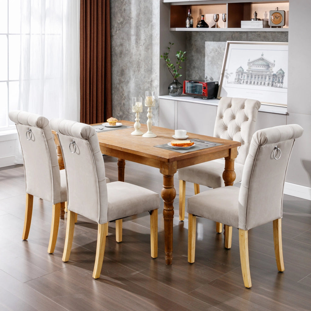 SEDIA da pranzo in velluto beige con gambe in quercia, Set da 4 pezzi