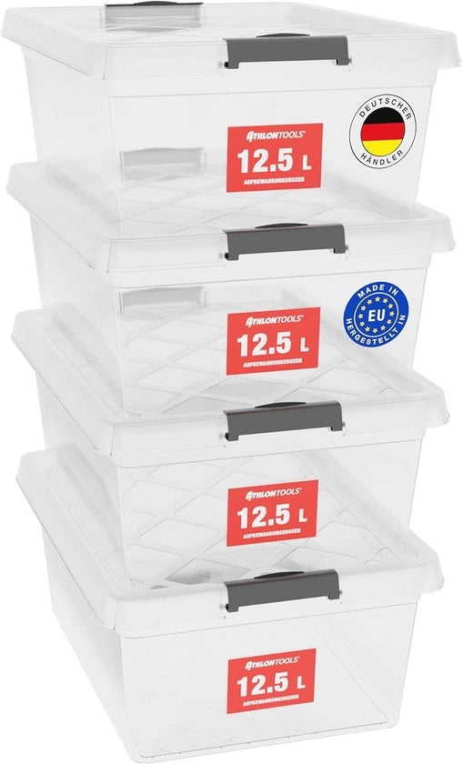 Set di 4 Scatole di Archiviazione trasparenti con coperchio - Sicure per alimenti e stivabili - Multifunzionali per abbigliamento e giocattoli