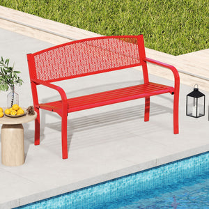 Panca metallica da esterno in stile parco per giardino per 2-3 persone, Panca metallica da patio da 128 cm Rosso-Panchine
