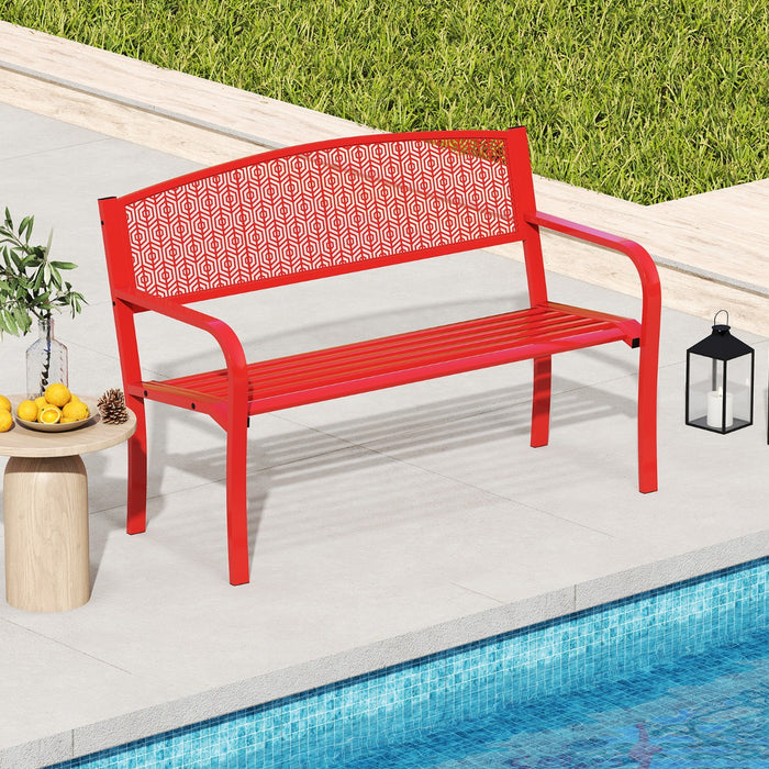 Panca metallica da esterno in stile parco per giardino per 2-3 persone, Panca metallica da patio da 128 cm Rosso-Panchine