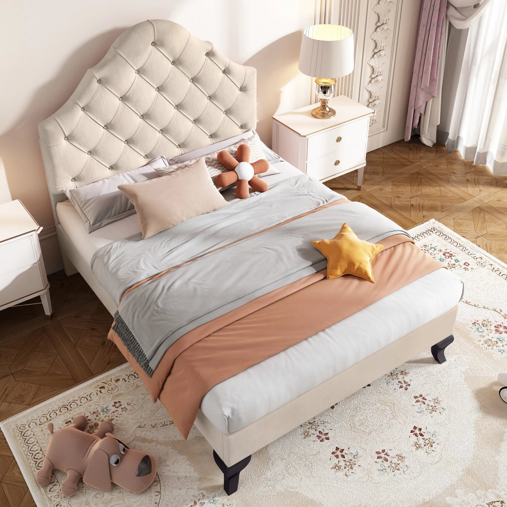 OKWISH Letto Singolo 90×200 cm, Letto per Ragazzi con Testiera Regolabile in Altezza e Rete a Doghe, senza Materasso, Velluto, Beige