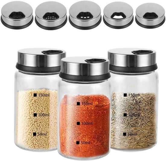 Set di contenitori ermetici con coperchio a girocollo - 150 ml - 6 x 9,5 cm - ermetici - 4 tipi di fori per erbe - dispersore di sale - vetro borosilicato - cucina - grigliare - cucinare.