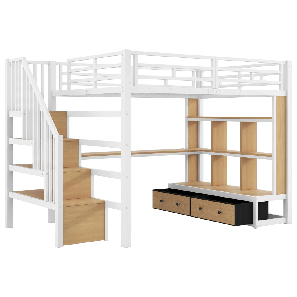 Letto a soppalco 140x200 cm con scrivania; mensole; cassetti e LED; bianco