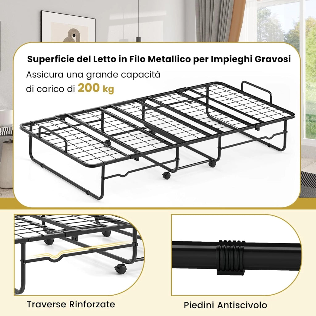 Letto Pieghevole con Materasso, Letto Singolo Pieghevole per Ospiti con Memory Foam e Struttura in Metallo, Letto Brandina con Ruote, 190 x 90 cm, Carico 220 kg