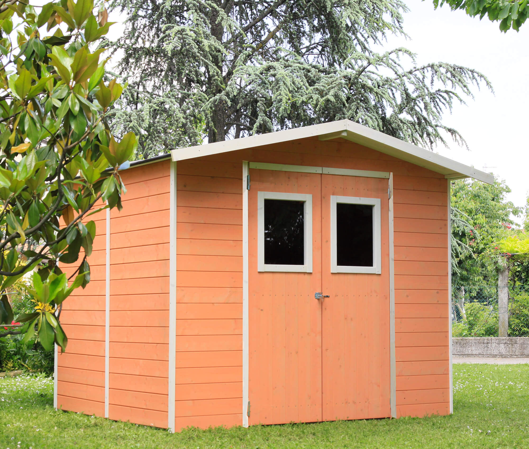 Casette Box da Giardino in Legno Porta Utensili 238x167x214 cm con 2 Porte e Finestre Ecla Tortora