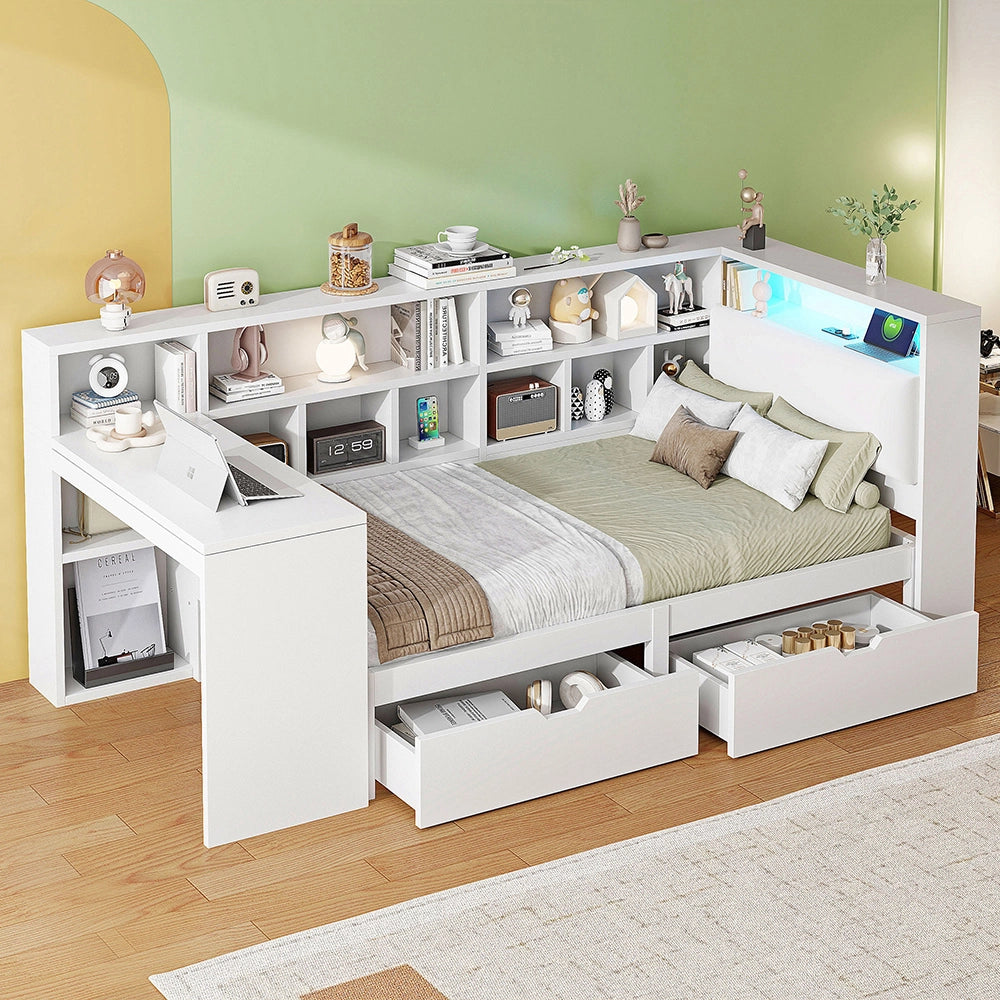 Letto angolare-Xylo-90x200 cm-scrivania, libreria, LED, cassetti, bianco