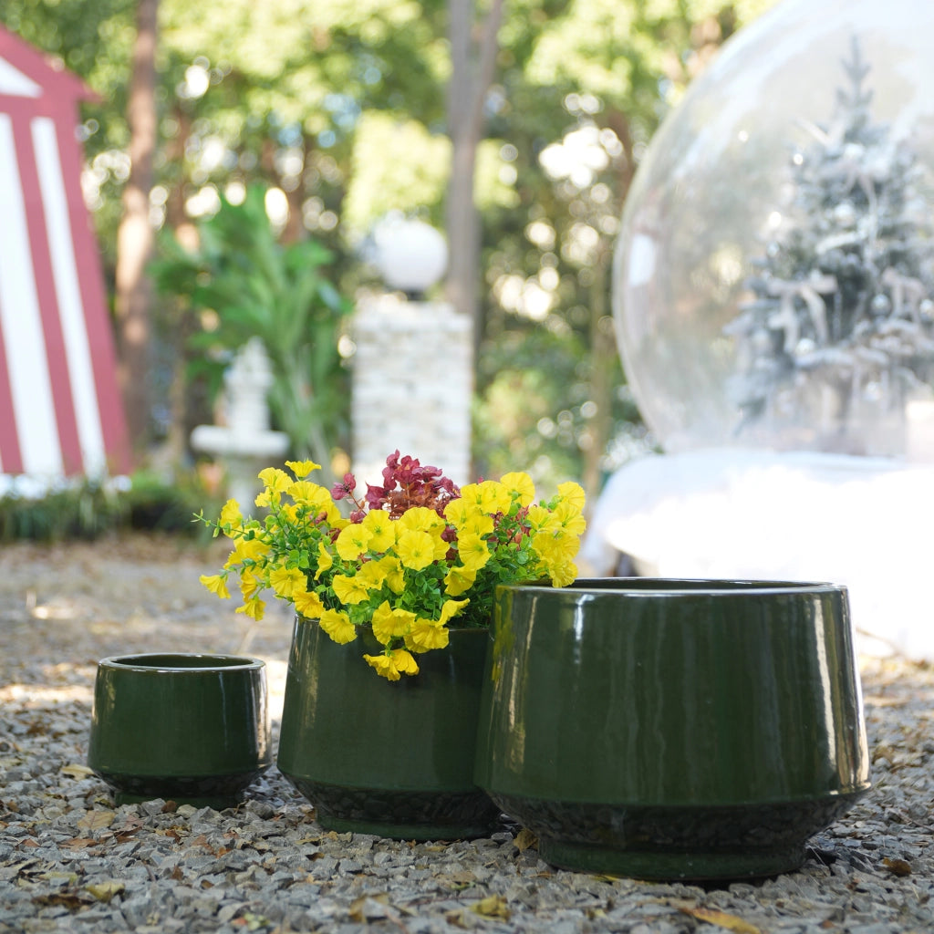 Fioriera in ceramica smaltata verde antico con foro di drenaggio per interno ed esterno, 1 pezzo