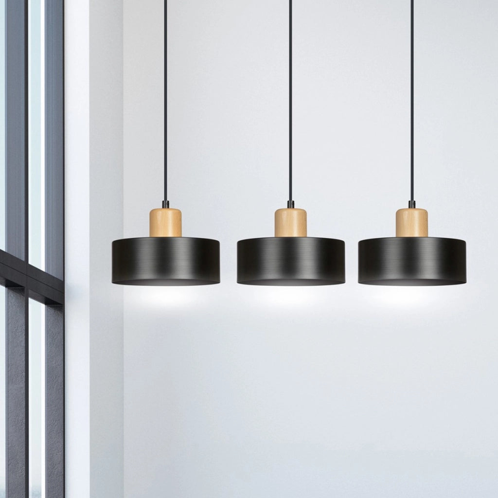 Lampada a sospensione TORIN in acciaio nero opaco e legno