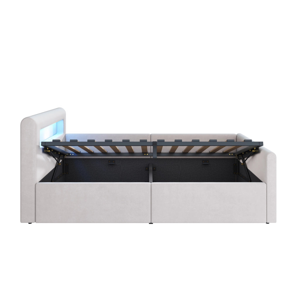 Letto imbottito singolo 90×200 cm con LED; luce notturna; USB e contenitore idraulico; senza materasso; beige