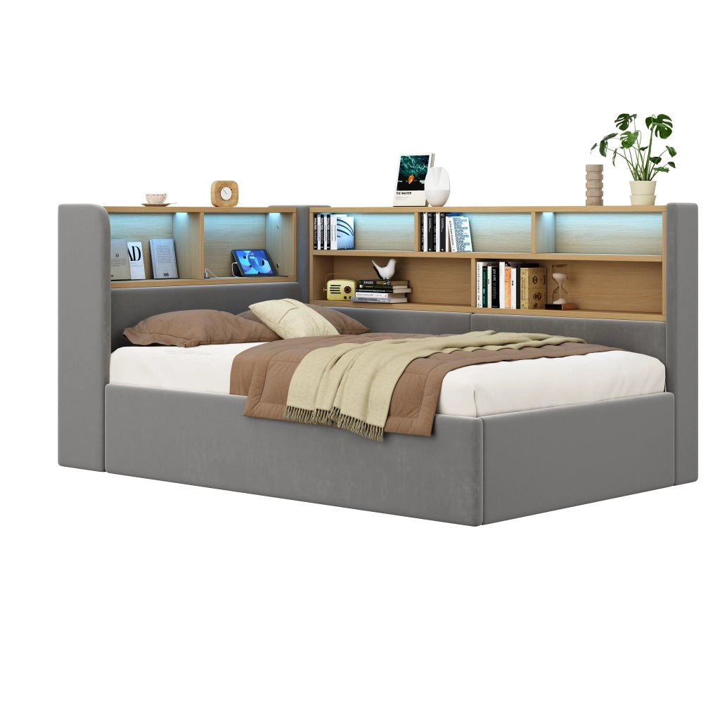 Letto con contenitore idraulico, imbottito in velluto grigio, con LED, USB e Type-C, struttura integrata, senza materasso