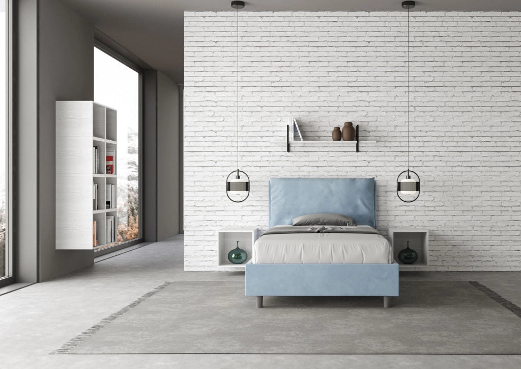 BS COM Letto una piazza e mezza senza rete imbottito 110x210 microfibra azzurro