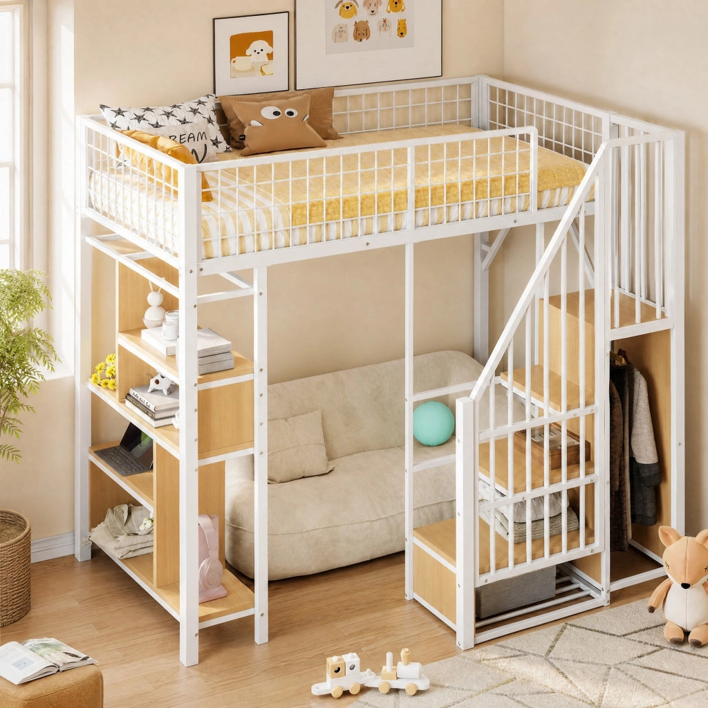 Letto a soppalco 90x200 cm con scala contenitore e vano portaoggetti; metallo e legno; bianco