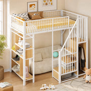 Letto a soppalco 90x200 cm con scala contenitore e vano portaoggetti; metallo e legno; bianco