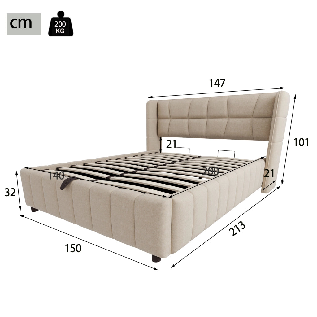 Letto contenitore 140 × 200 cm con vano sollevabile, senza materasso, in tessuto, beige