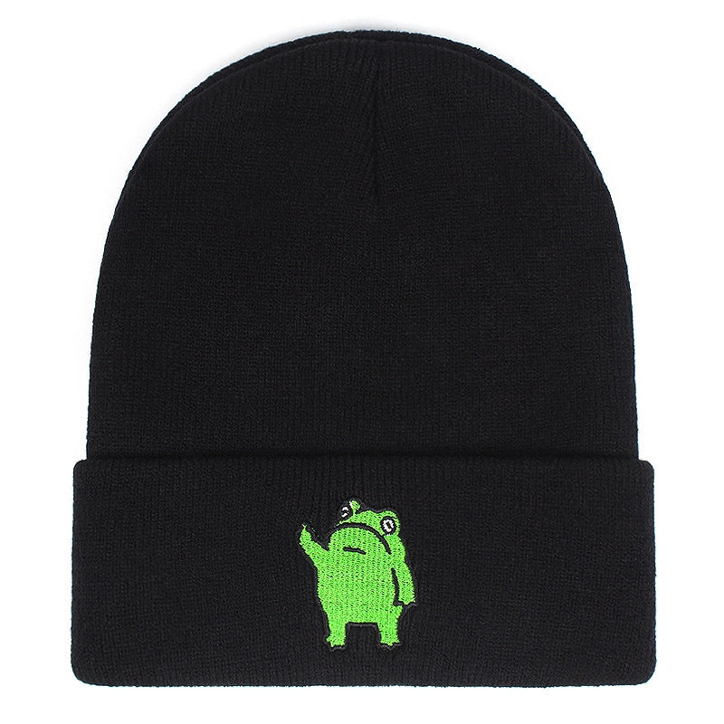 Cappelli invernali caldi lavorati a maglia con rana ricamata, neri