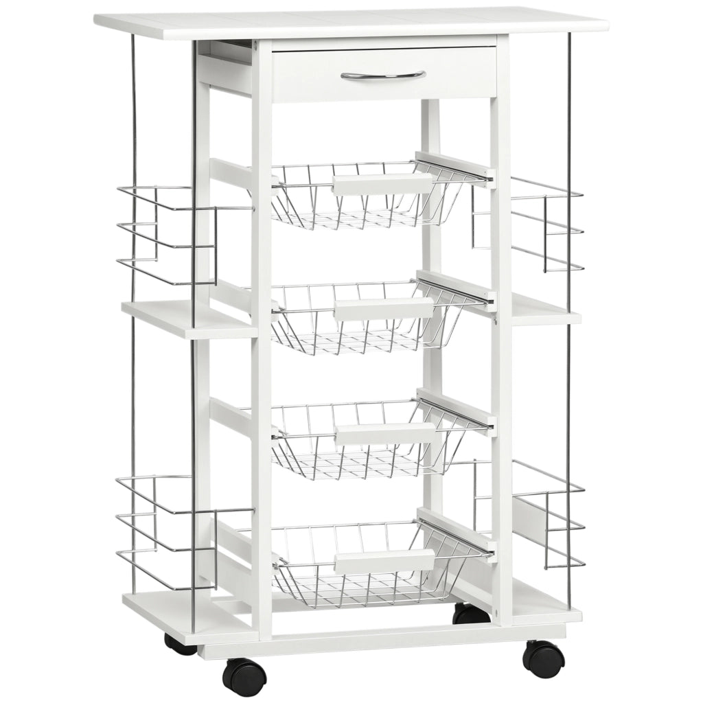 Carrello da cucina con cassetto, cesti e ripiani laterali ¨C zephmum ¨C bianco 57x37x83